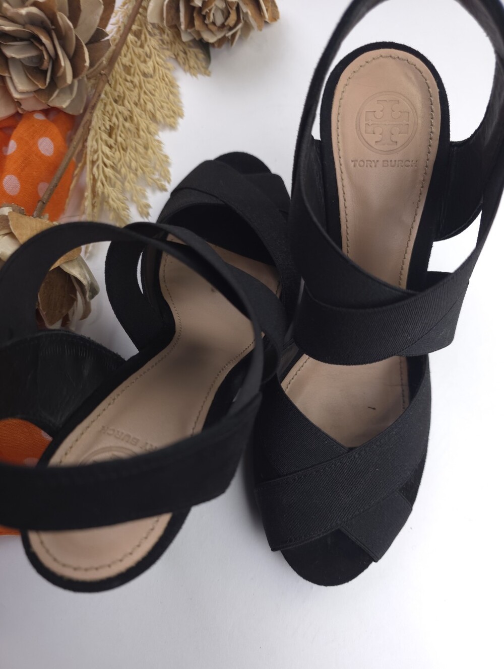 Tory Burch Black Crisscross Open-Toe Slingback Heels Sz 8m - Picture 5 of 8
